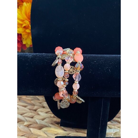 VINTAGE PEACH BRACELETS SET OF 3 Stretch Beaded Antique Pinkish Coral - Picture 4 of 4